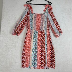 Fig and Flower Patchwork Floral Boho Smocked Square Neck Midi Dress Women's‎ L